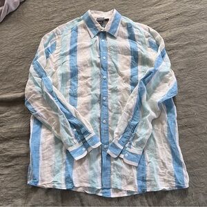 Men’s Island Company Classic Striped Button Up 100% Linen Shirt Size Large